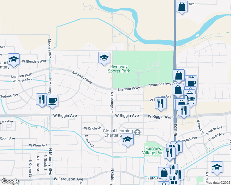 map of restaurants, bars, coffee shops, grocery stores, and more near 1234 West Porter Avenue in Visalia