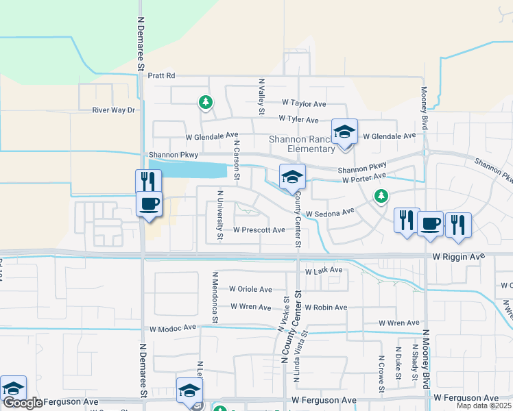 map of restaurants, bars, coffee shops, grocery stores, and more near in Visalia