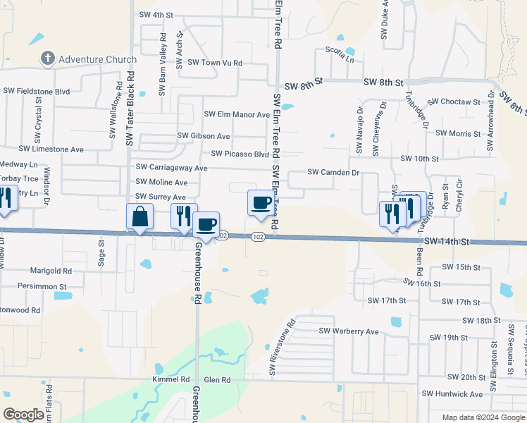 map of restaurants, bars, coffee shops, grocery stores, and more near 1308 Southwest Elm Tree Road in Bentonville