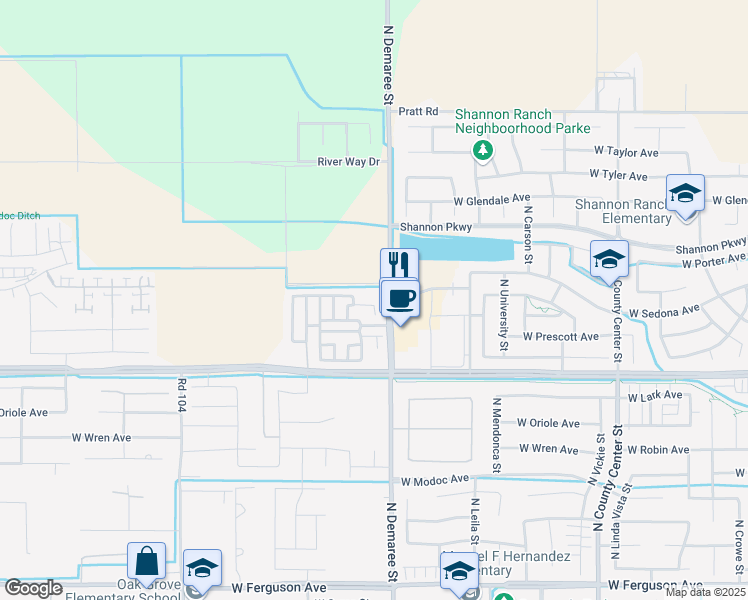 map of restaurants, bars, coffee shops, grocery stores, and more near 3728 West Flagstaff Avenue in Visalia