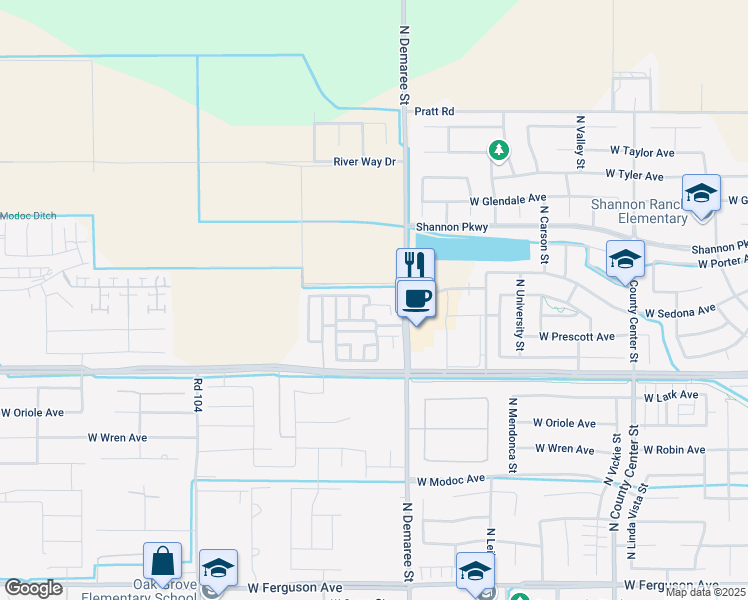 map of restaurants, bars, coffee shops, grocery stores, and more near 3814 West Flagstaff Avenue in Visalia