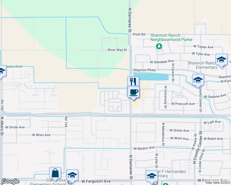 map of restaurants, bars, coffee shops, grocery stores, and more near 3845 West Flagstaff Avenue in Visalia