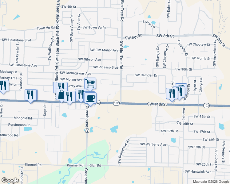 map of restaurants, bars, coffee shops, grocery stores, and more near 1308 Southwest Elm Tree Road in Bentonville