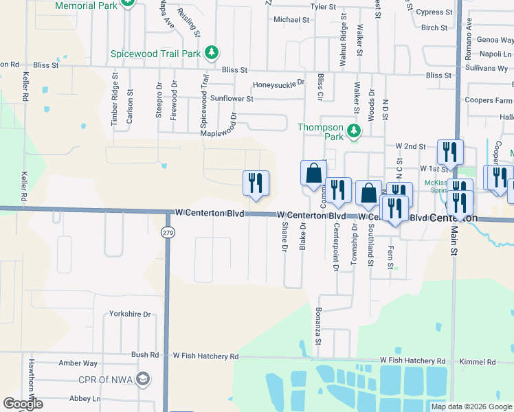 map of restaurants, bars, coffee shops, grocery stores, and more near 1084 West Centerton Boulevard in Centerton