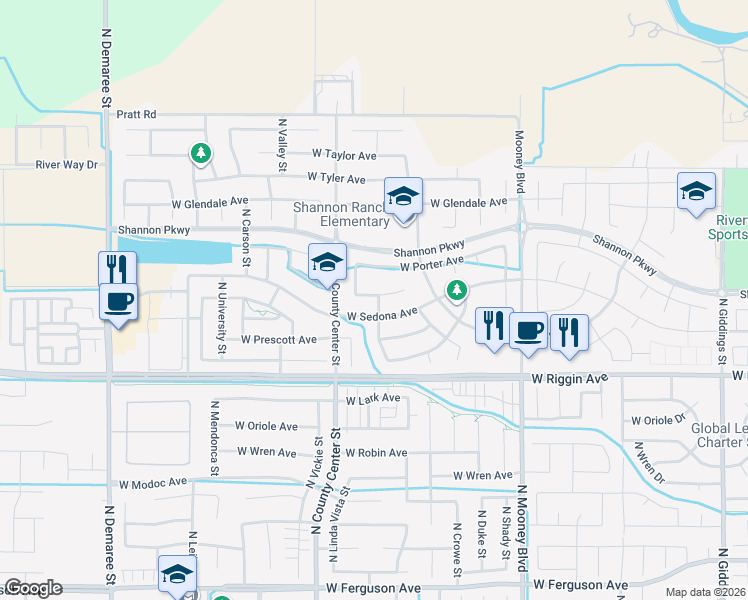 map of restaurants, bars, coffee shops, grocery stores, and more near 3235 North Verde Vista Street in Visalia
