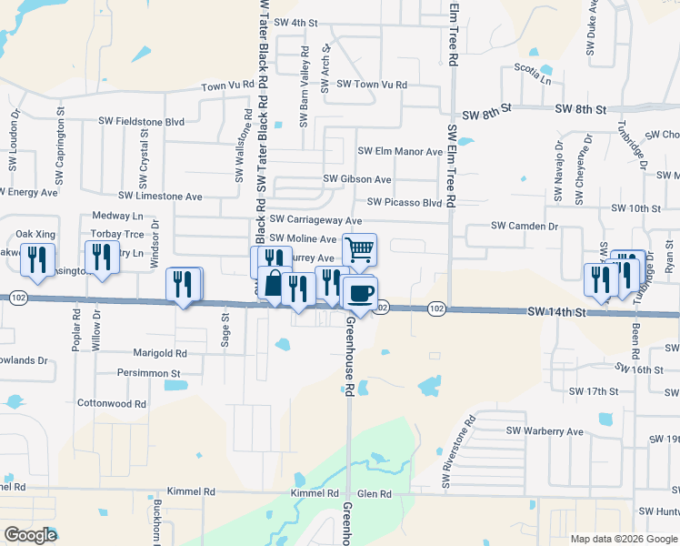 map of restaurants, bars, coffee shops, grocery stores, and more near 3707 Southwest Hansom Loop in Bentonville