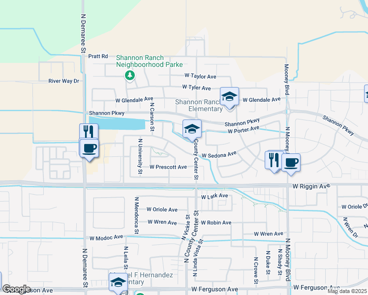 map of restaurants, bars, coffee shops, grocery stores, and more near 2842 West Sedona Avenue in Visalia