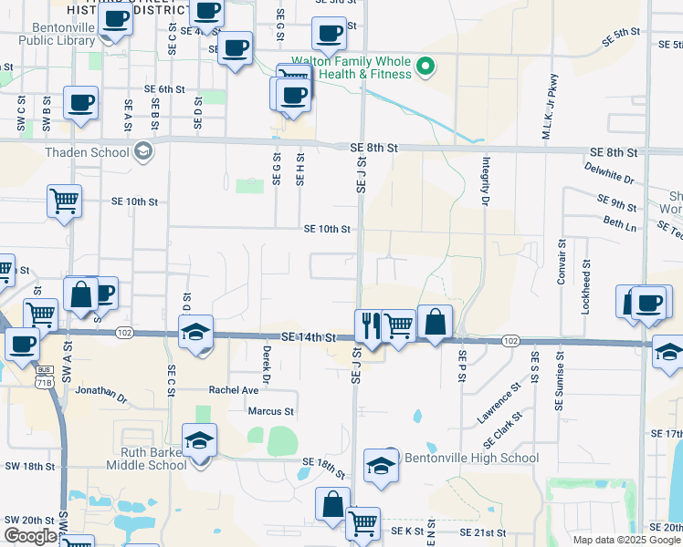 map of restaurants, bars, coffee shops, grocery stores, and more near 1003 Southeast 12th Street in Bentonville
