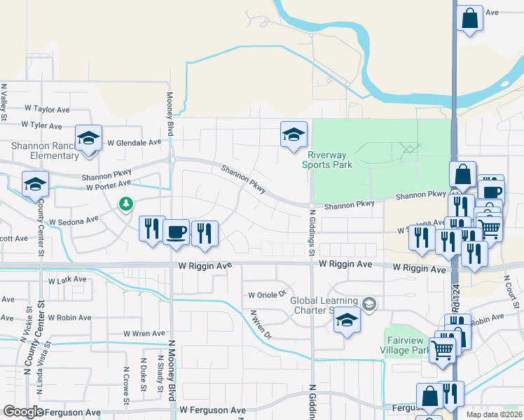 map of restaurants, bars, coffee shops, grocery stores, and more near Shannon Parkway in Visalia