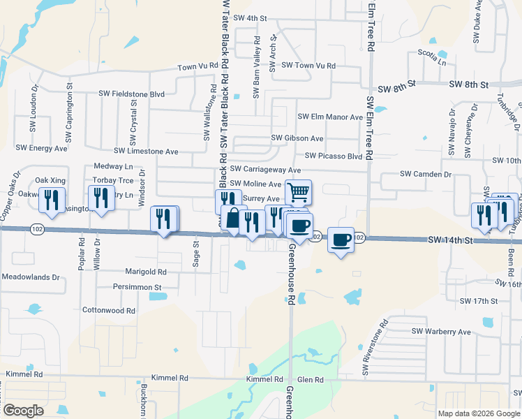 map of restaurants, bars, coffee shops, grocery stores, and more near 3807 Southwest Hansom Loop in Bentonville