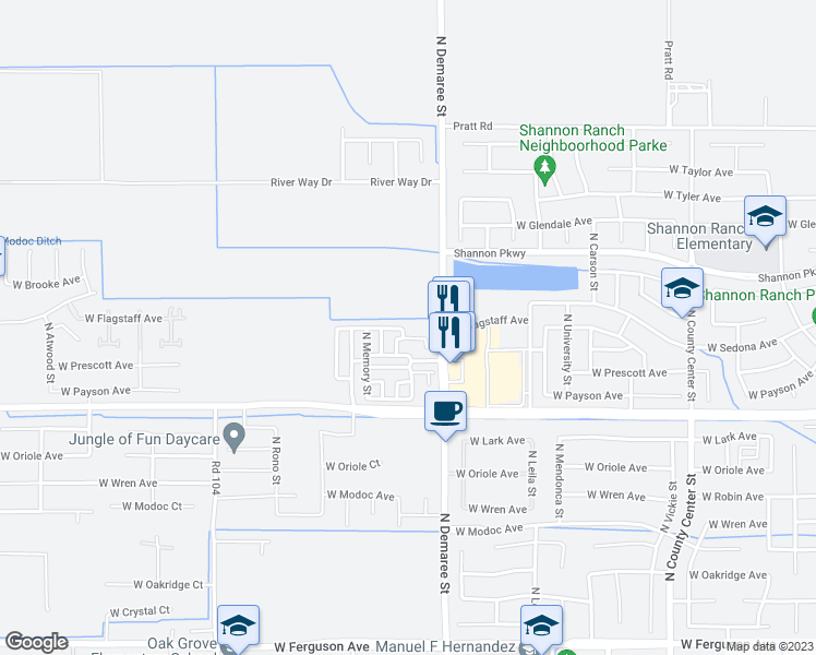 map of restaurants, bars, coffee shops, grocery stores, and more near 3300 North Tilden Street in Visalia