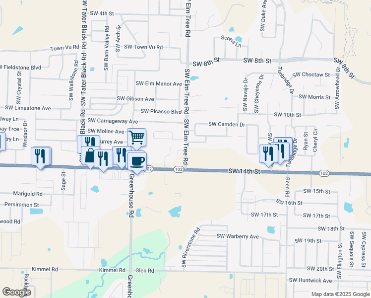 map of restaurants, bars, coffee shops, grocery stores, and more near 1308 Southwest Elm Tree Road in Bentonville