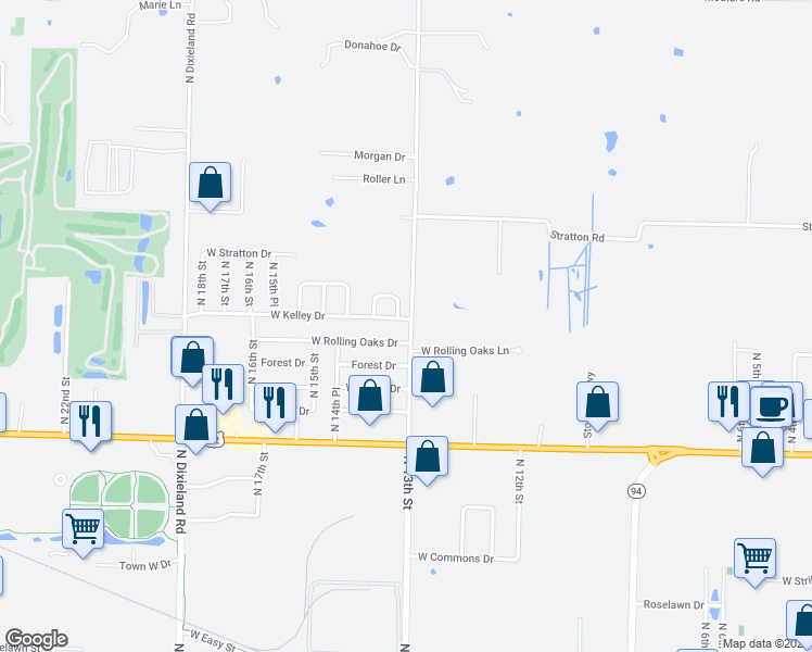 map of restaurants, bars, coffee shops, grocery stores, and more near 1300 West Kelley Drive in Rogers