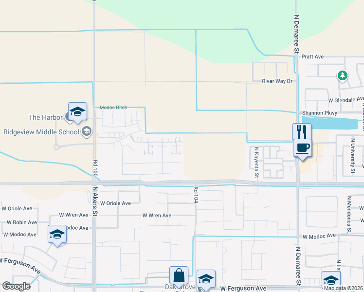 map of restaurants, bars, coffee shops, grocery stores, and more near 4638 West Lark Court in Visalia