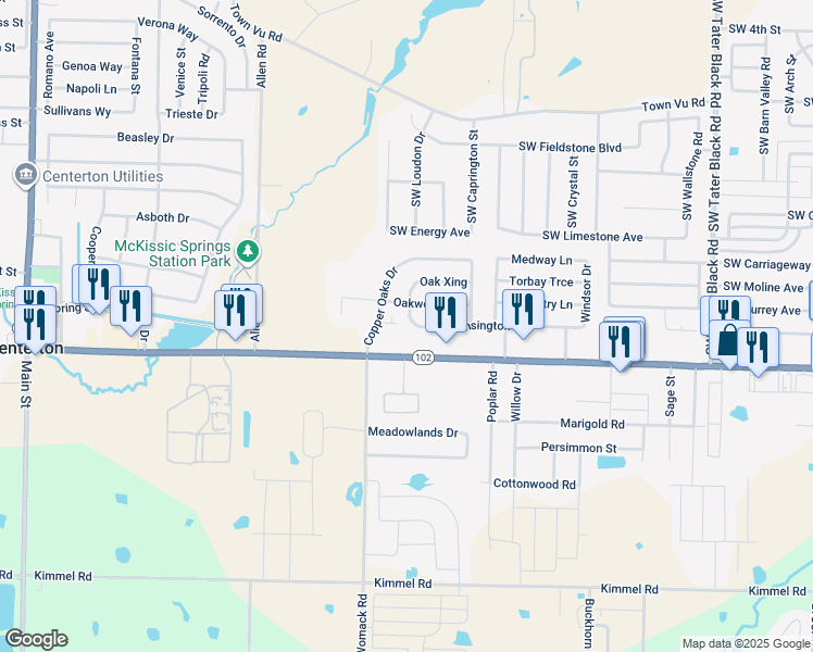 map of restaurants, bars, coffee shops, grocery stores, and more near 912 Kensington Drive in Centerton