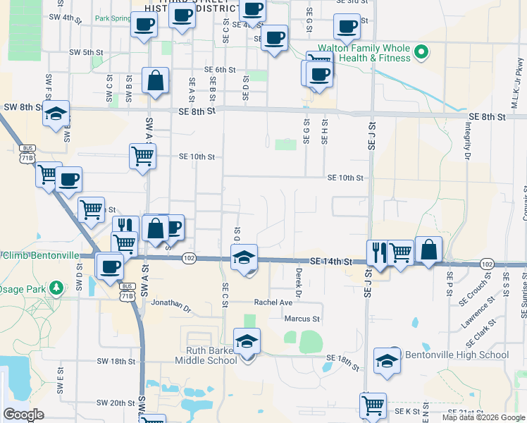 map of restaurants, bars, coffee shops, grocery stores, and more near 1205 Southeast E Street in Bentonville