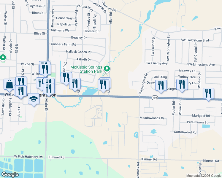 map of restaurants, bars, coffee shops, grocery stores, and more near 190 Allen Road in Centerton