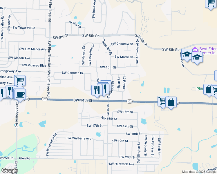 map of restaurants, bars, coffee shops, grocery stores, and more near 1301 Southwest Apache Drive in Bentonville