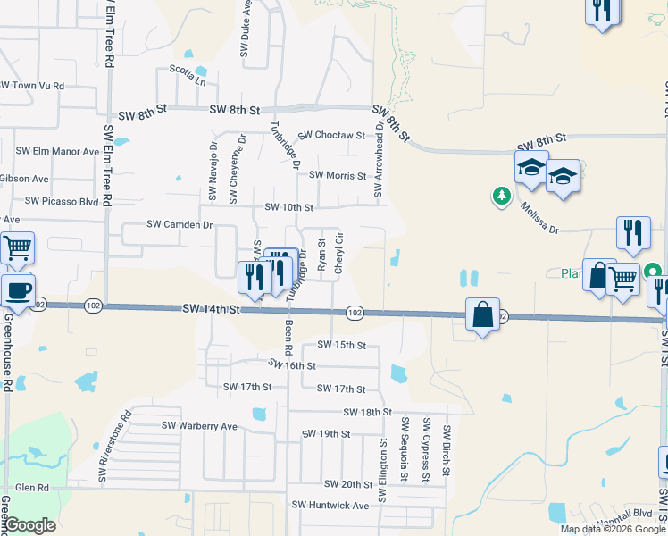 map of restaurants, bars, coffee shops, grocery stores, and more near 20 Cheryl Circle in Bentonville