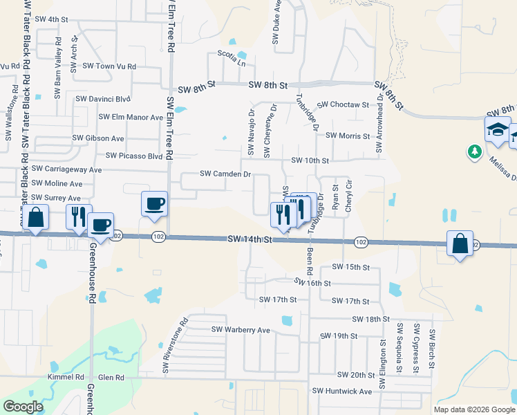 map of restaurants, bars, coffee shops, grocery stores, and more near Southwest Twilight Avenue in Bentonville