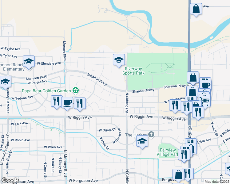 map of restaurants, bars, coffee shops, grocery stores, and more near 2935 North Giddings Street in Visalia