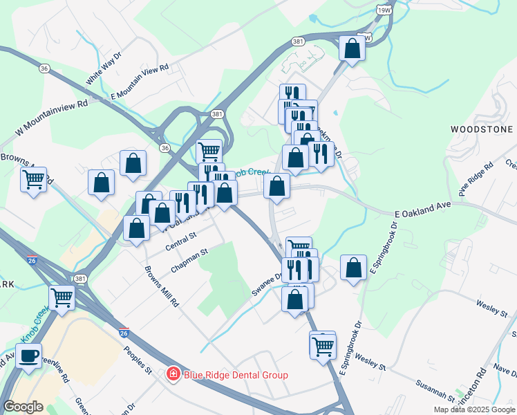 map of restaurants, bars, coffee shops, grocery stores, and more near 3101 East Oakland Avenue in Johnson City