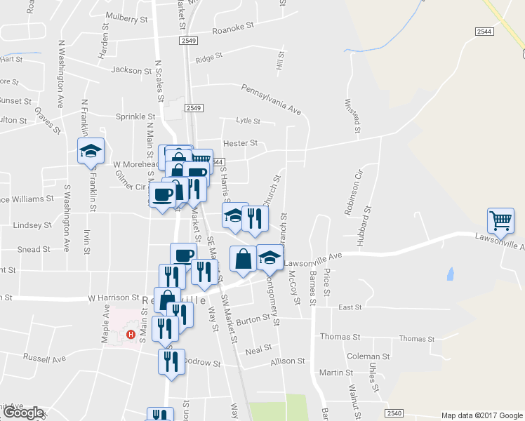map of restaurants, bars, coffee shops, grocery stores, and more near 336 Church Street in Reidsville