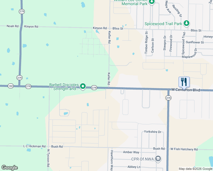 map of restaurants, bars, coffee shops, grocery stores, and more near 101-111 Keller Road in Centerton