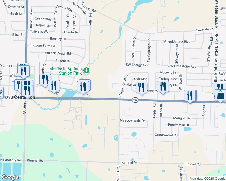 map of restaurants, bars, coffee shops, grocery stores, and more near 880 Oakwood Court in Centerton