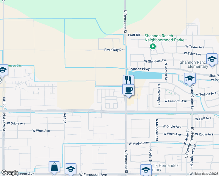 map of restaurants, bars, coffee shops, grocery stores, and more near 3902 West Flagstaff Avenue in Visalia
