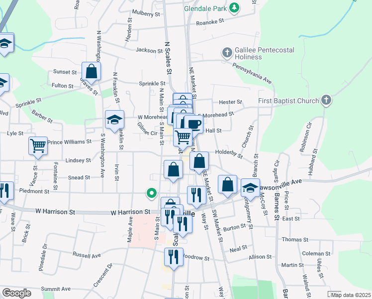 map of restaurants, bars, coffee shops, grocery stores, and more near 105 Gilmer Street in Reidsville