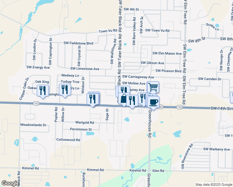 map of restaurants, bars, coffee shops, grocery stores, and more near 189 Southwest Cliffstone Street in Bentonville