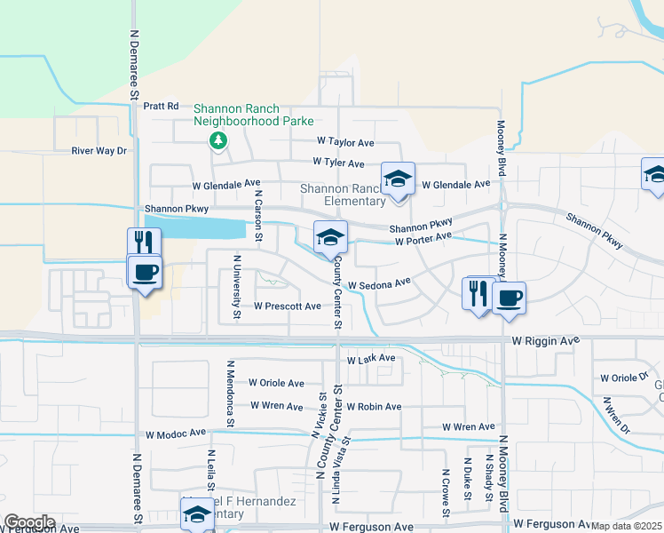 map of restaurants, bars, coffee shops, grocery stores, and more near 2805 West Brooke Avenue in Visalia