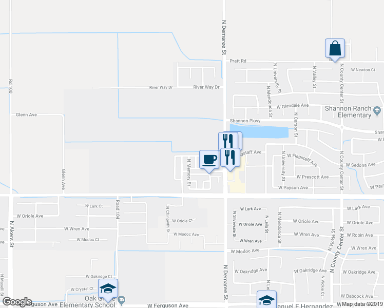 map of restaurants, bars, coffee shops, grocery stores, and more near 3922 West Flagstaff Avenue in Visalia