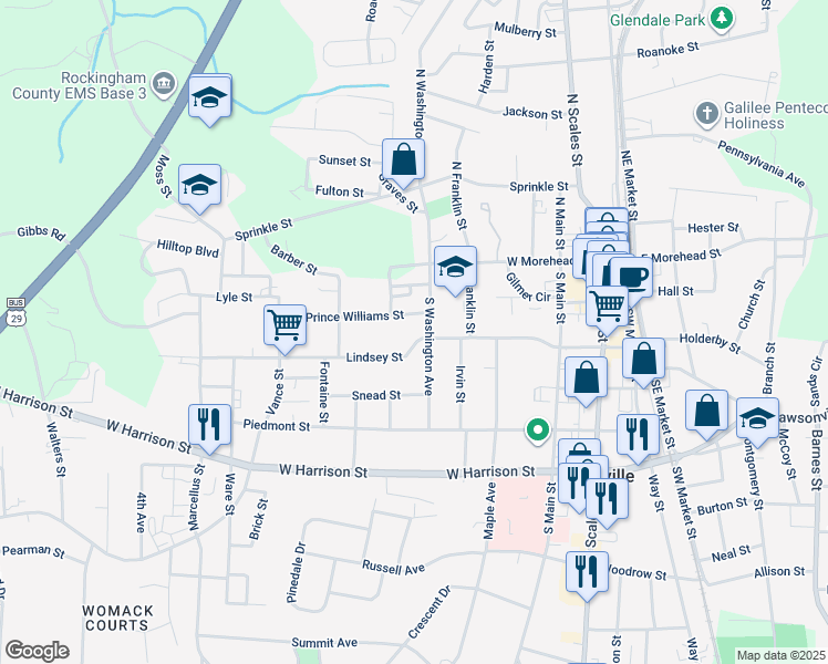 map of restaurants, bars, coffee shops, grocery stores, and more near 606 Lindsey Street in Reidsville