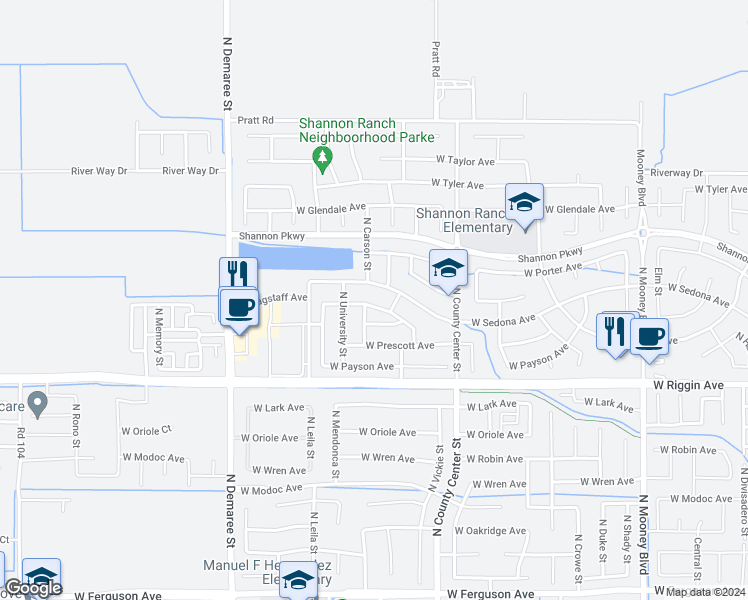map of restaurants, bars, coffee shops, grocery stores, and more near 3028 West Flagstaff Avenue in Visalia