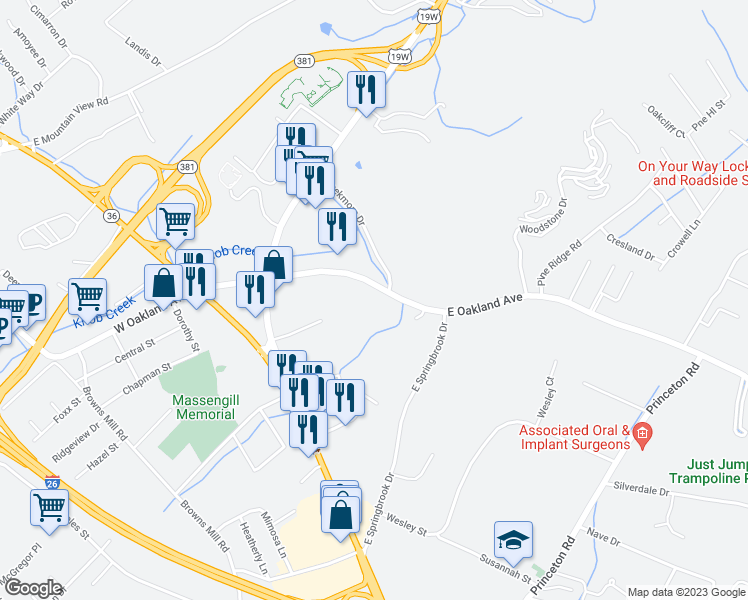 map of restaurants, bars, coffee shops, grocery stores, and more near 2903 East Oakland Avenue in Johnson City