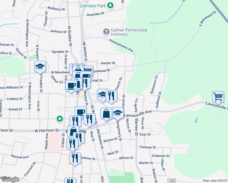 map of restaurants, bars, coffee shops, grocery stores, and more near 336 Church Street in Reidsville