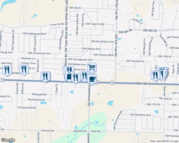 map of restaurants, bars, coffee shops, grocery stores, and more near 3703 Southwest Hansom Loop in Bentonville