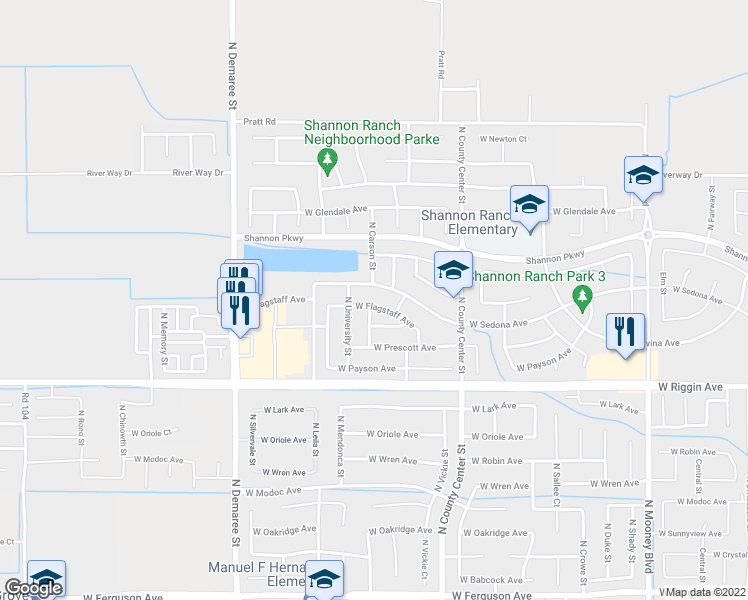 map of restaurants, bars, coffee shops, grocery stores, and more near 3036 West Flagstaff Avenue in Visalia