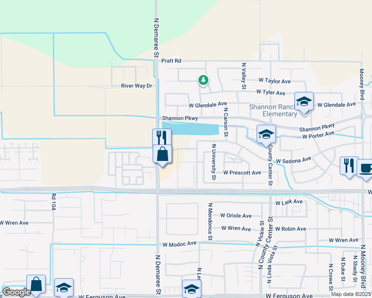 map of restaurants, bars, coffee shops, grocery stores, and more near 3274 West Sedona Avenue in Visalia