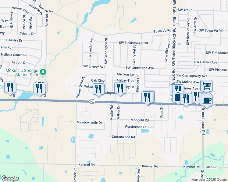 map of restaurants, bars, coffee shops, grocery stores, and more near 1121 Coventry Lane in Centerton