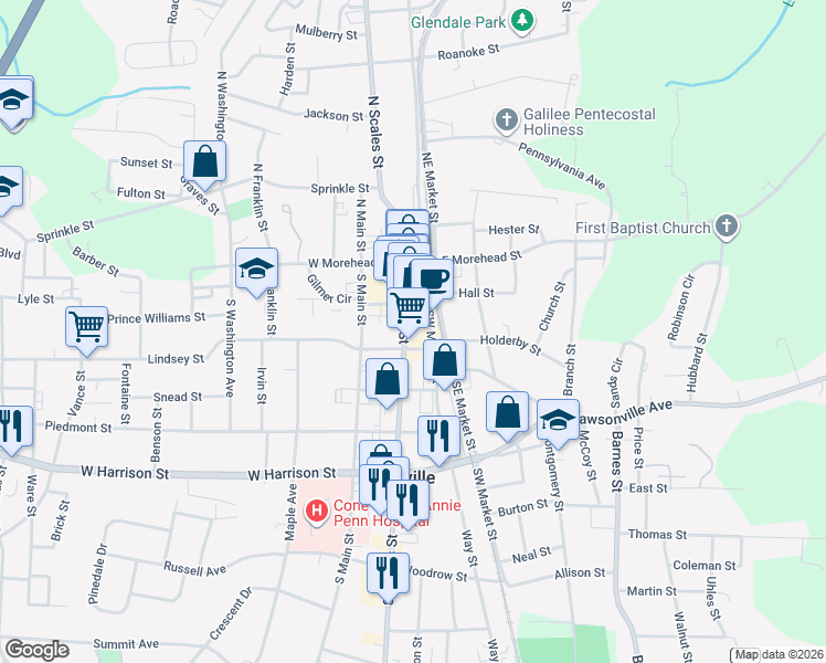 map of restaurants, bars, coffee shops, grocery stores, and more near 105 Gilmer Street in Reidsville