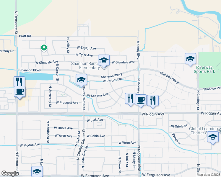 map of restaurants, bars, coffee shops, grocery stores, and more near 3333 North Ranch Street in Visalia