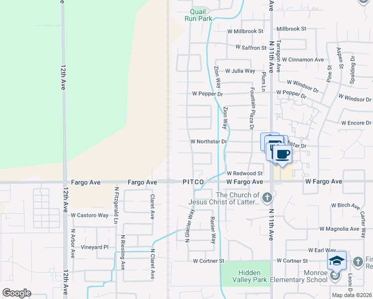 map of restaurants, bars, coffee shops, grocery stores, and more near 1117 West Northstar Drive in Hanford