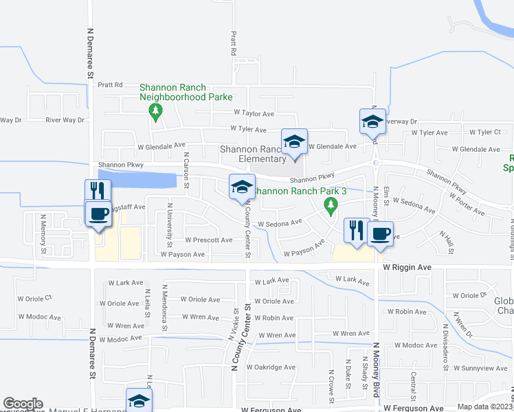 map of restaurants, bars, coffee shops, grocery stores, and more near 3331 Linda Vista in Visalia