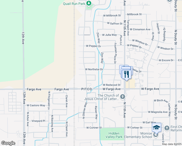 map of restaurants, bars, coffee shops, grocery stores, and more near 1044 West Orange Street in Hanford