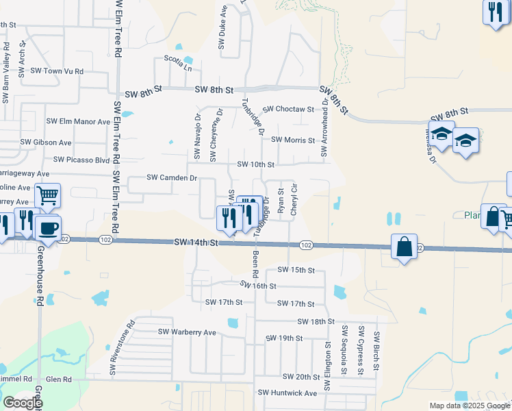 map of restaurants, bars, coffee shops, grocery stores, and more near 2506 Southwest 14th Street in Bentonville