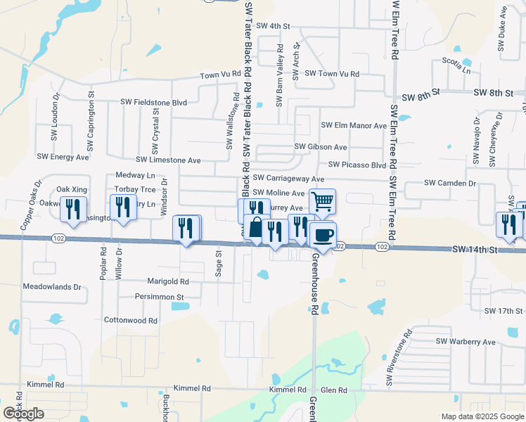 map of restaurants, bars, coffee shops, grocery stores, and more near 4000 Southwest Surrey Avenue in Bentonville