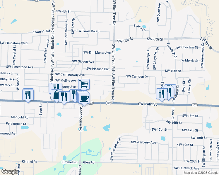 map of restaurants, bars, coffee shops, grocery stores, and more near 3304 Southwest Victoria Place in Bentonville